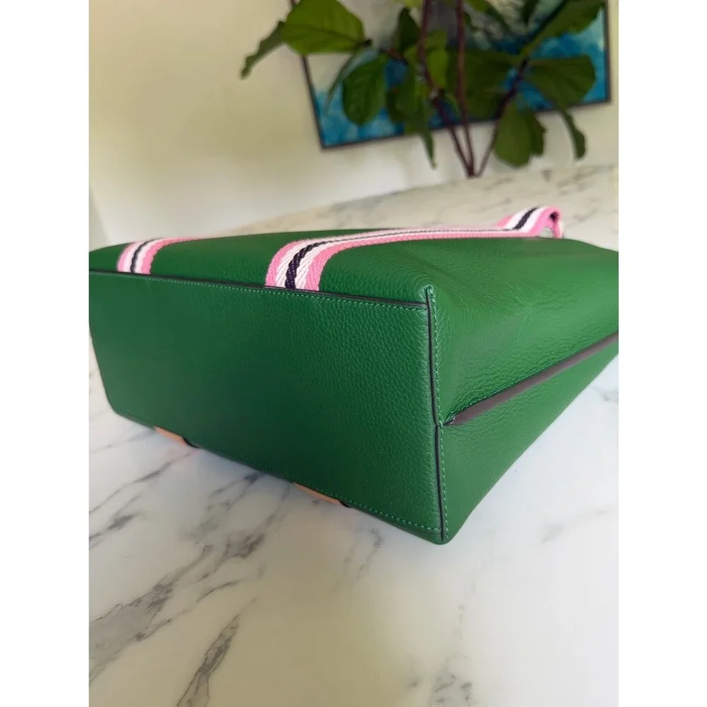 NWT Tory Burch Perry Multi Stripe Leather Triple Compartment Tote Arugula Green